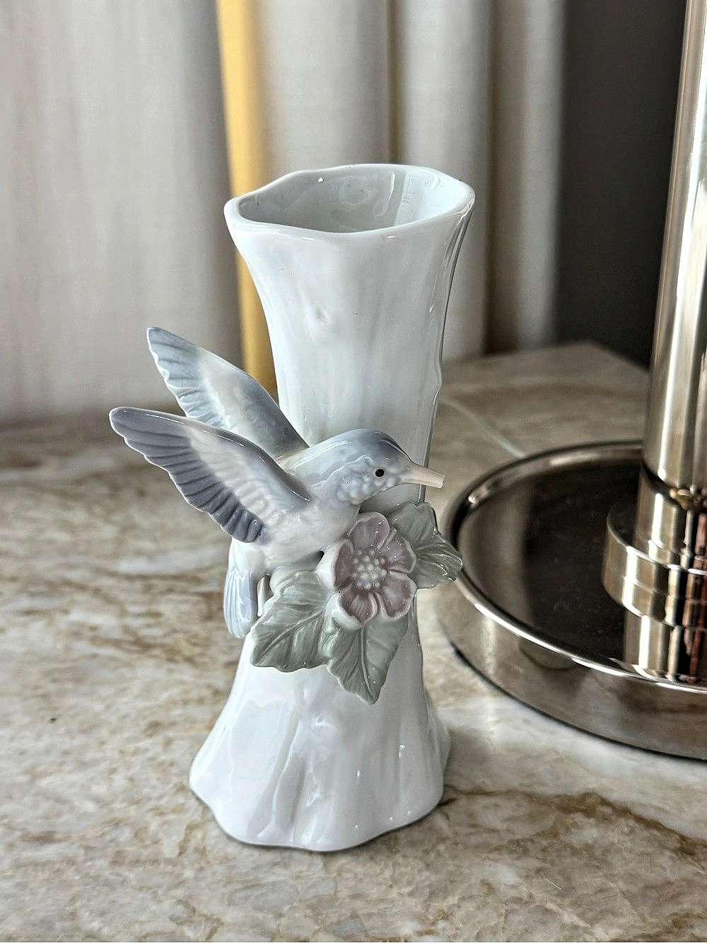Vintage Otagiri Japan Porcelain Hummingbird & Flower Sculptural Bud Vase | 1970s